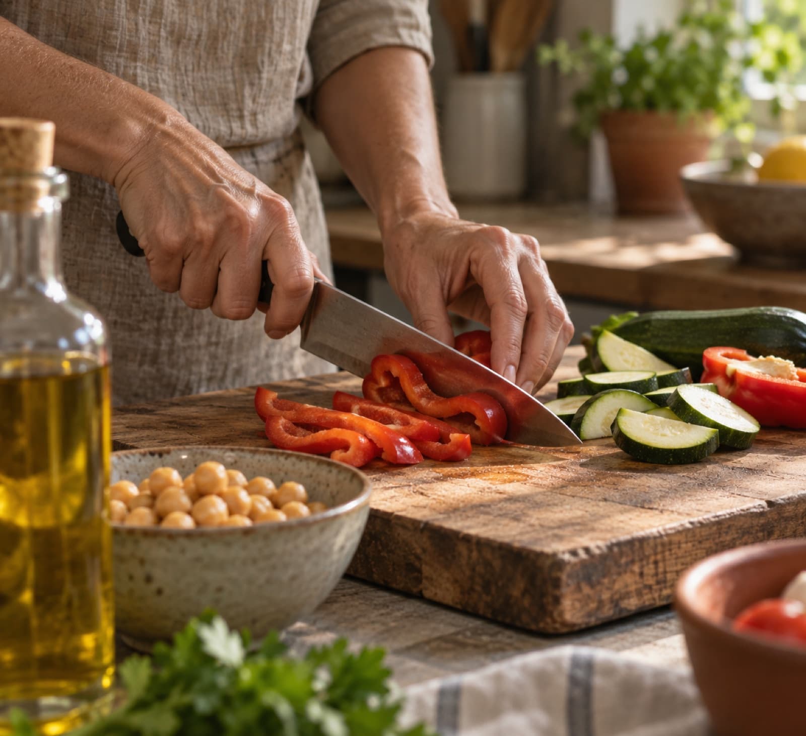 Zwei Hände schneiden Paprika und Zucchini auf einem Holzbrett, daneben Kichererbsen und Olivenöl.