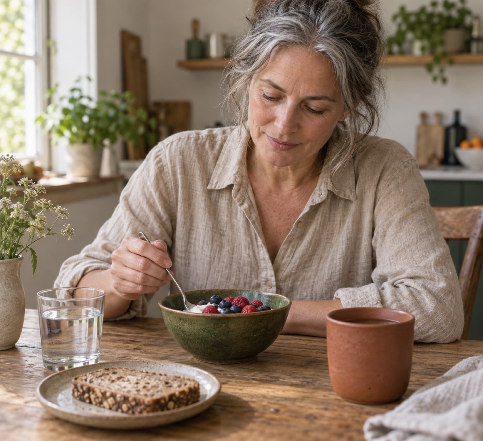 Frau um 50 frühstückt am Küchentisch: Joghurt mit Beeren, Vollkornbrot, ein Glas Wasser.